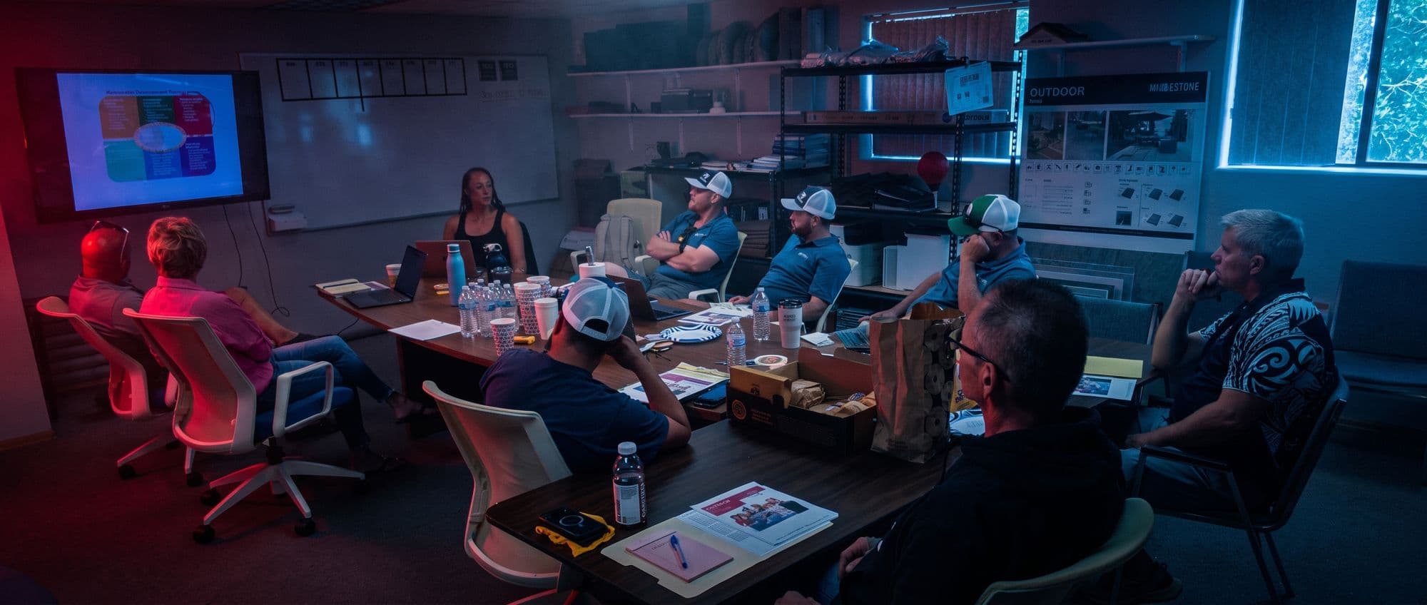 A Roofing Academy coaching session: a member team around a conference table, working from a presentation on the wall screen.