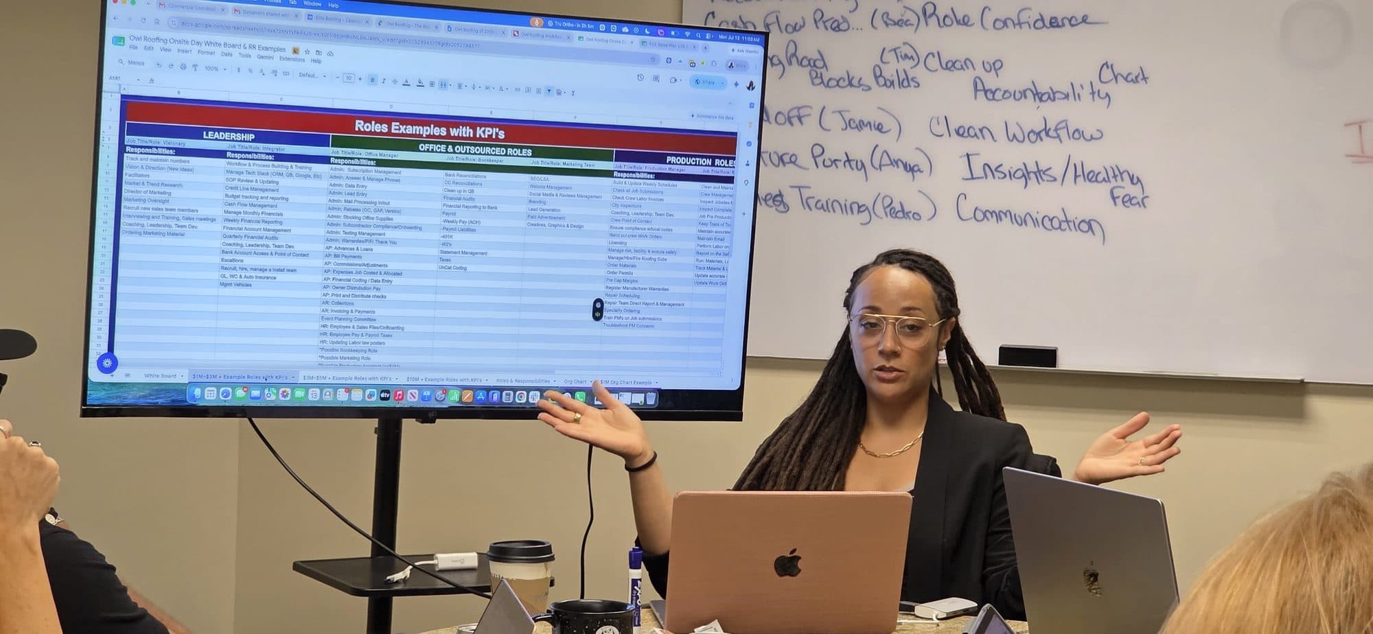 A Roofing Academy coach walks a member team through a spreadsheet on the screen.