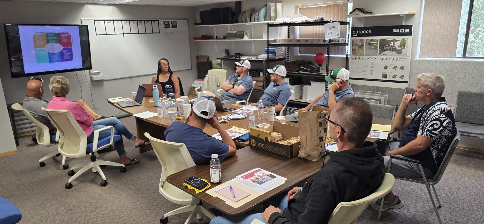 A Roofing Academy coaching session: a member team around a conference table, working from a presentation on the wall screen.