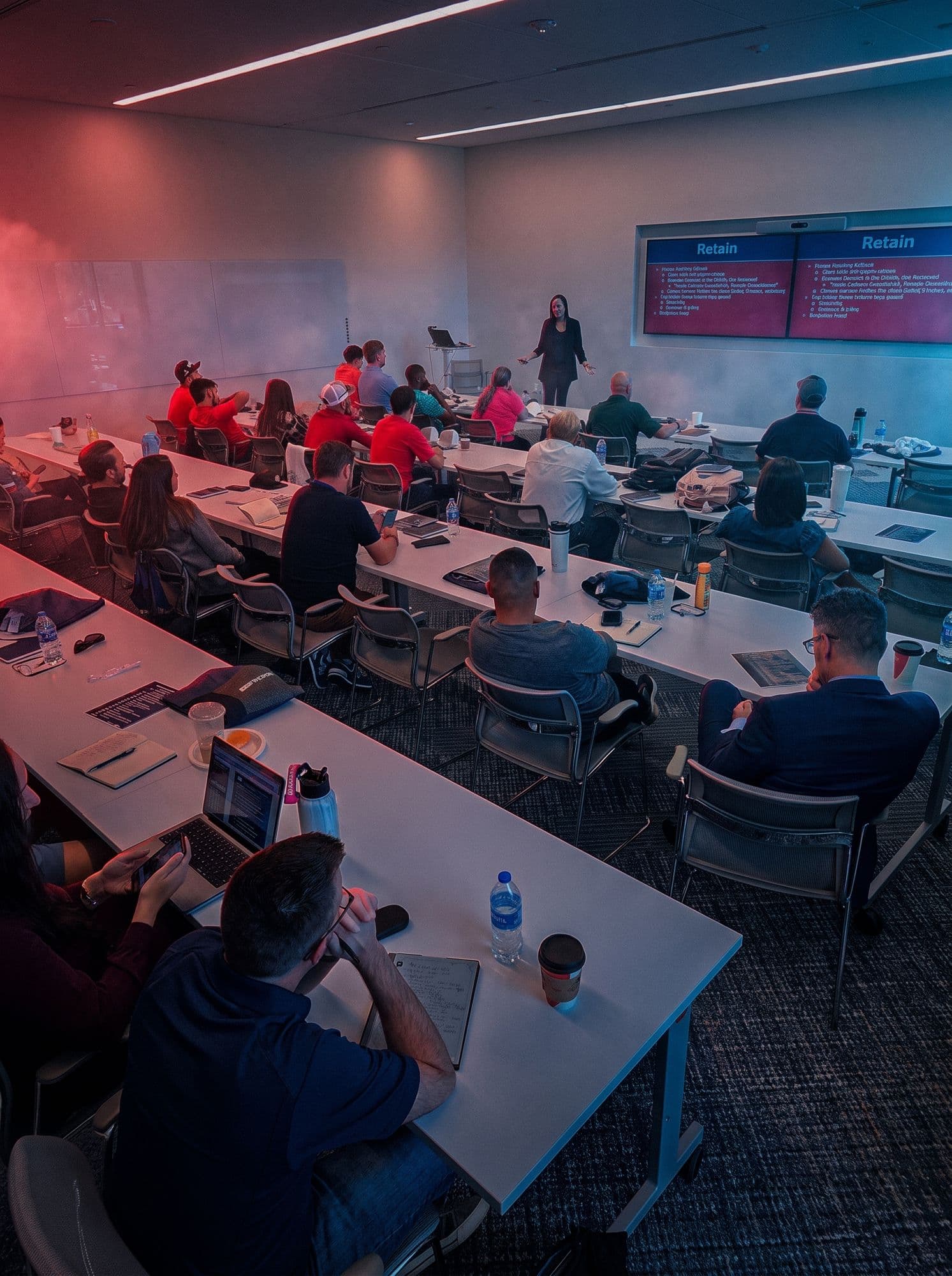 A room of roofing company owners working through a session at a Roofing Academy workshop