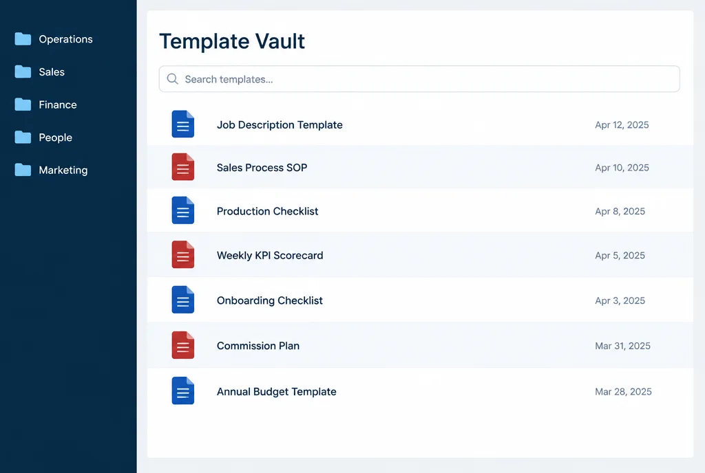 Illustration of the document template vault: folders for operations, sales, finance and people, with ready-made templates